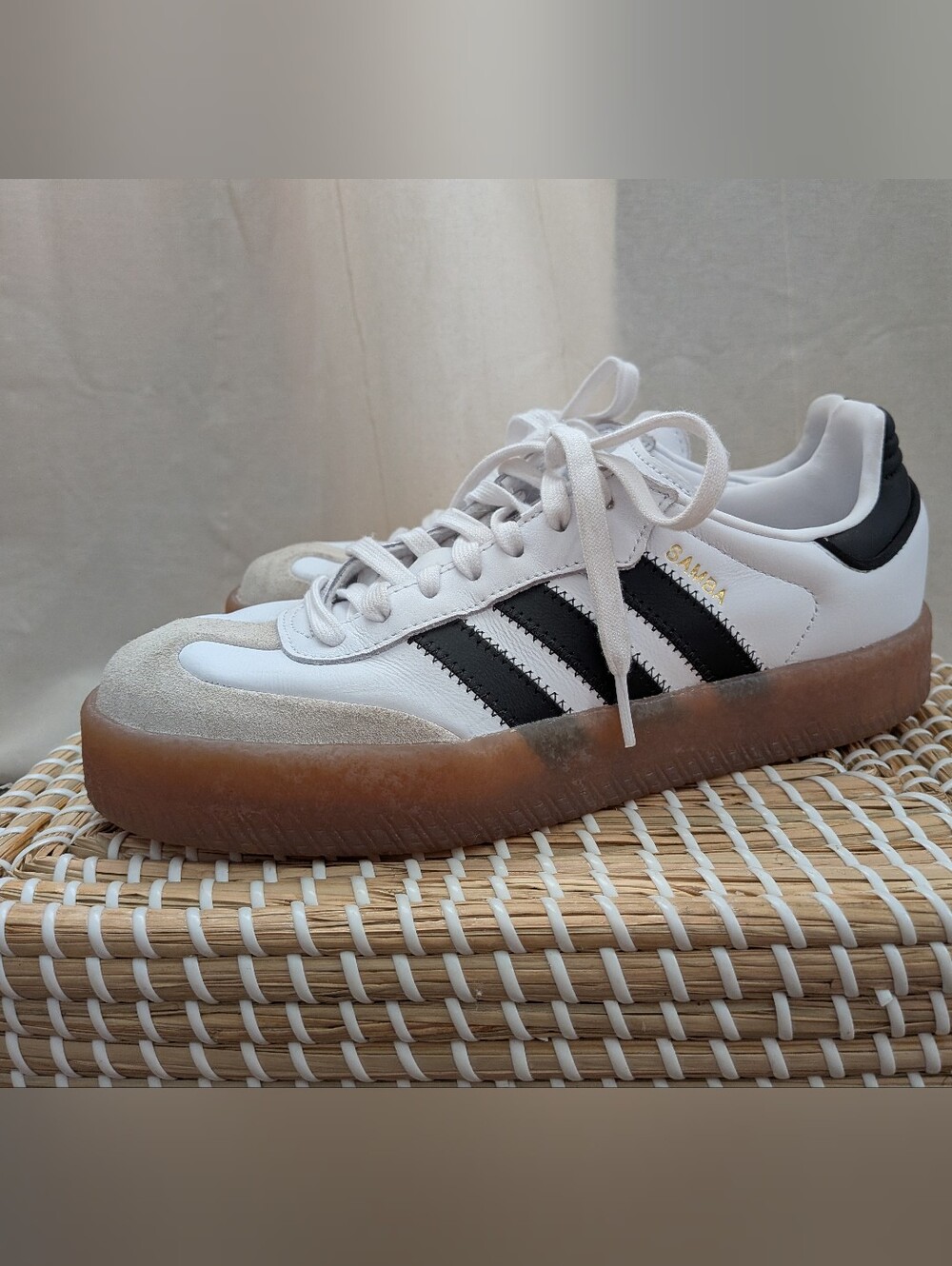 adidas White Sneakers with Black Stripes and Gum Sole
